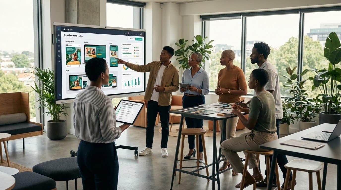 Advertising agency team pre-testing campaign creative against regulatory requirements before submitting an advertisement for approval
