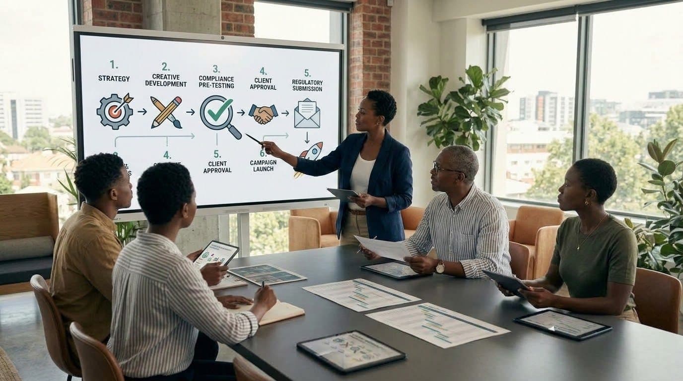 Advertising agency workflow showing strategy, creative development, compliance pre-testing, client approval, regulatory submission, and campaign launch