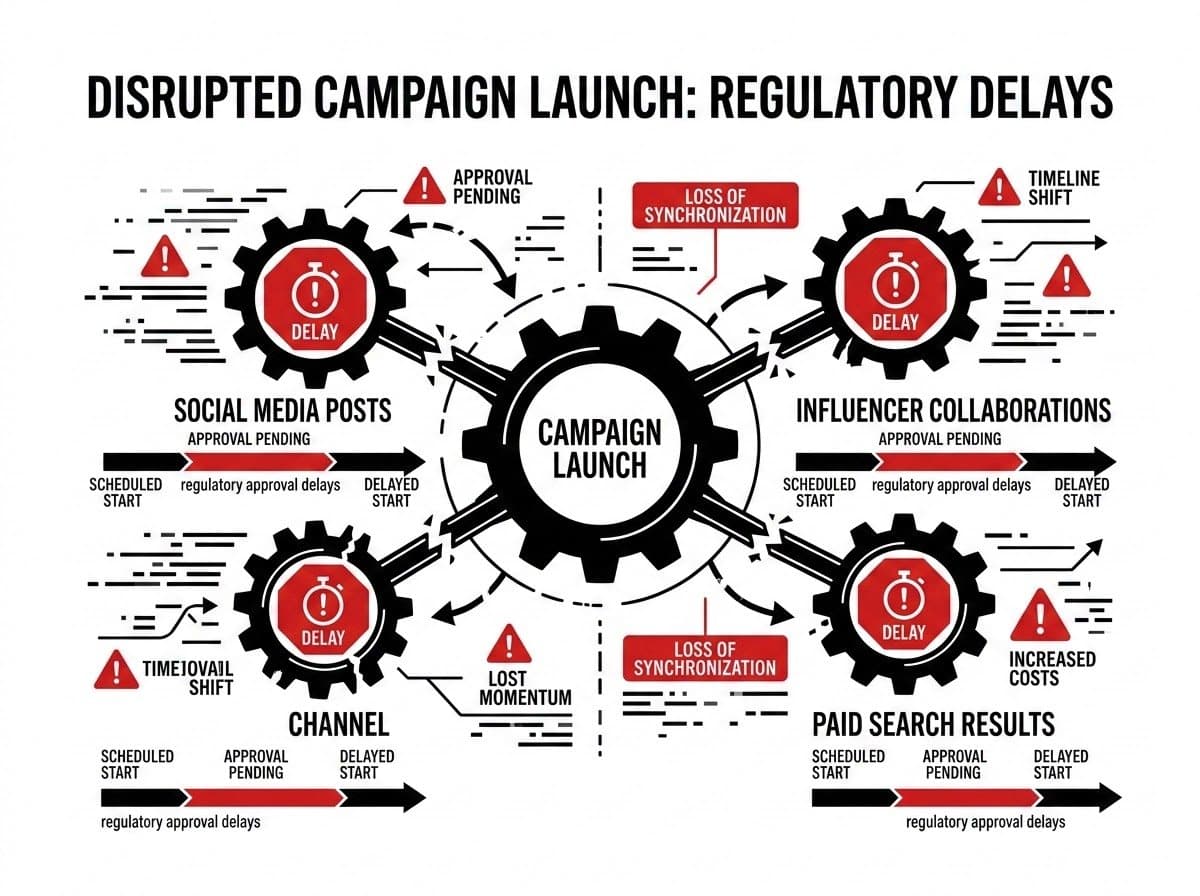 Digital marketing campaign launch disrupted by advertising approval delays across social media, influencer, and paid media channels