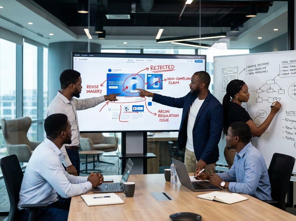 Marketing team reviewing a rejected advertising campaign and discussing creative revisions before regulatory resubmission